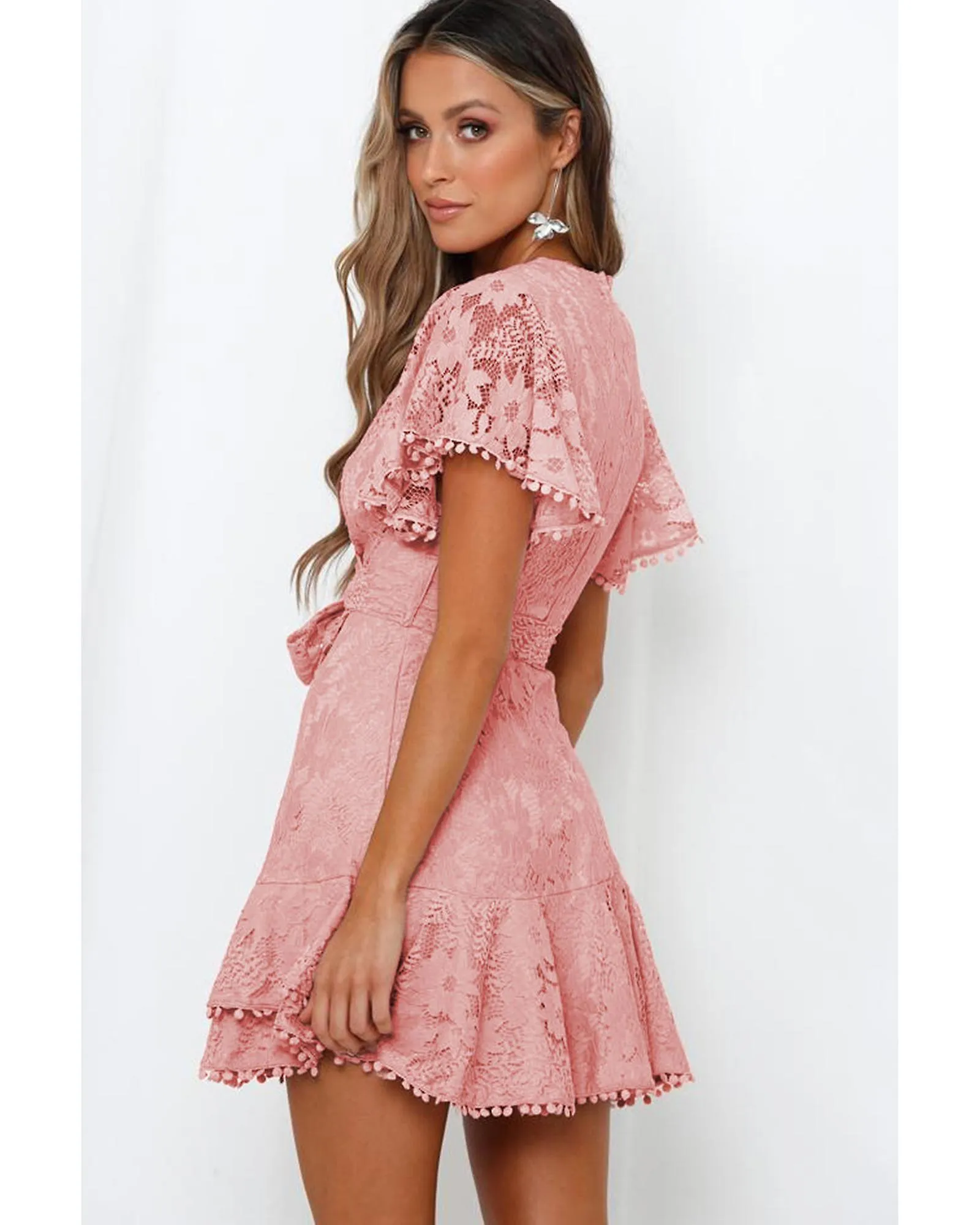 Azura Exchange  Pink Flutter Sleeve Wrap V Neck Floral Lace Short Dress