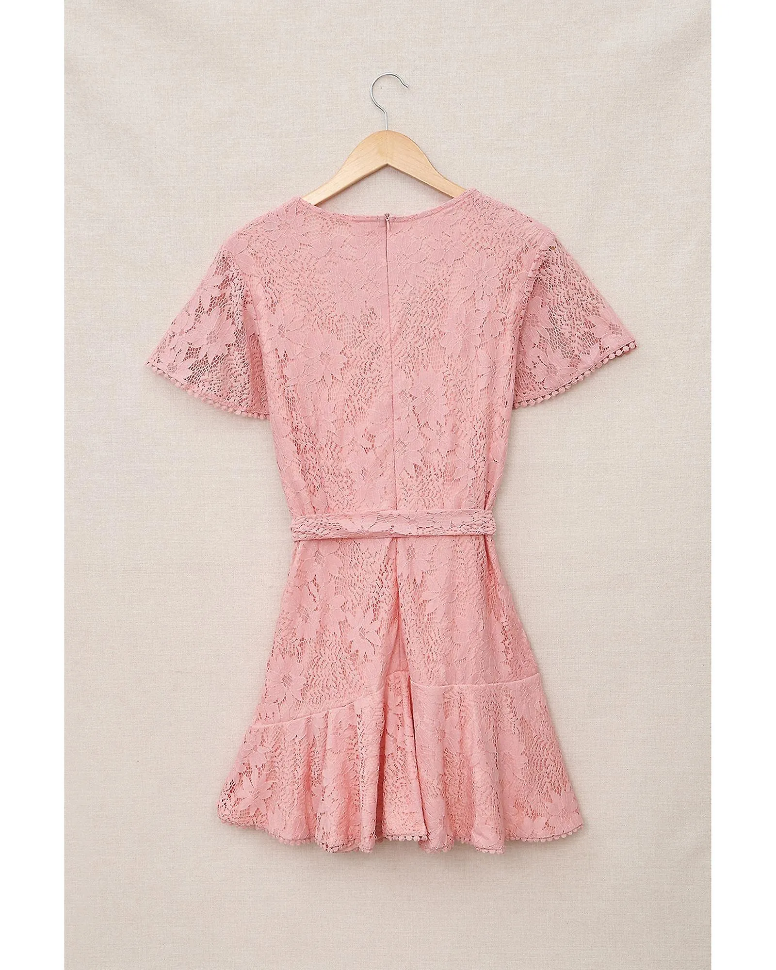 Azura Exchange  Pink Flutter Sleeve Wrap V Neck Floral Lace Short Dress