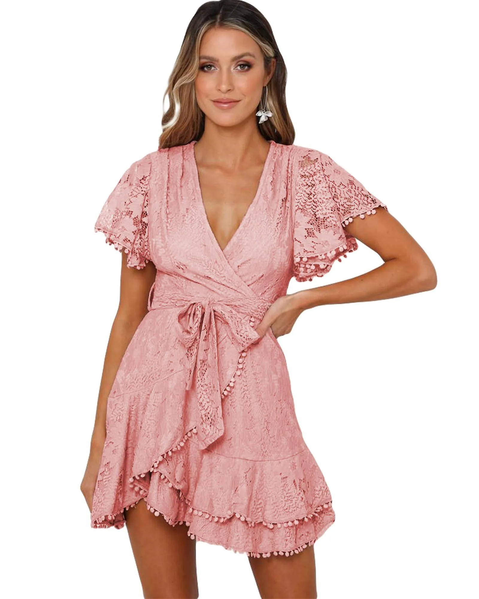 Azura Exchange  Pink Flutter Sleeve Wrap V Neck Floral Lace Short Dress