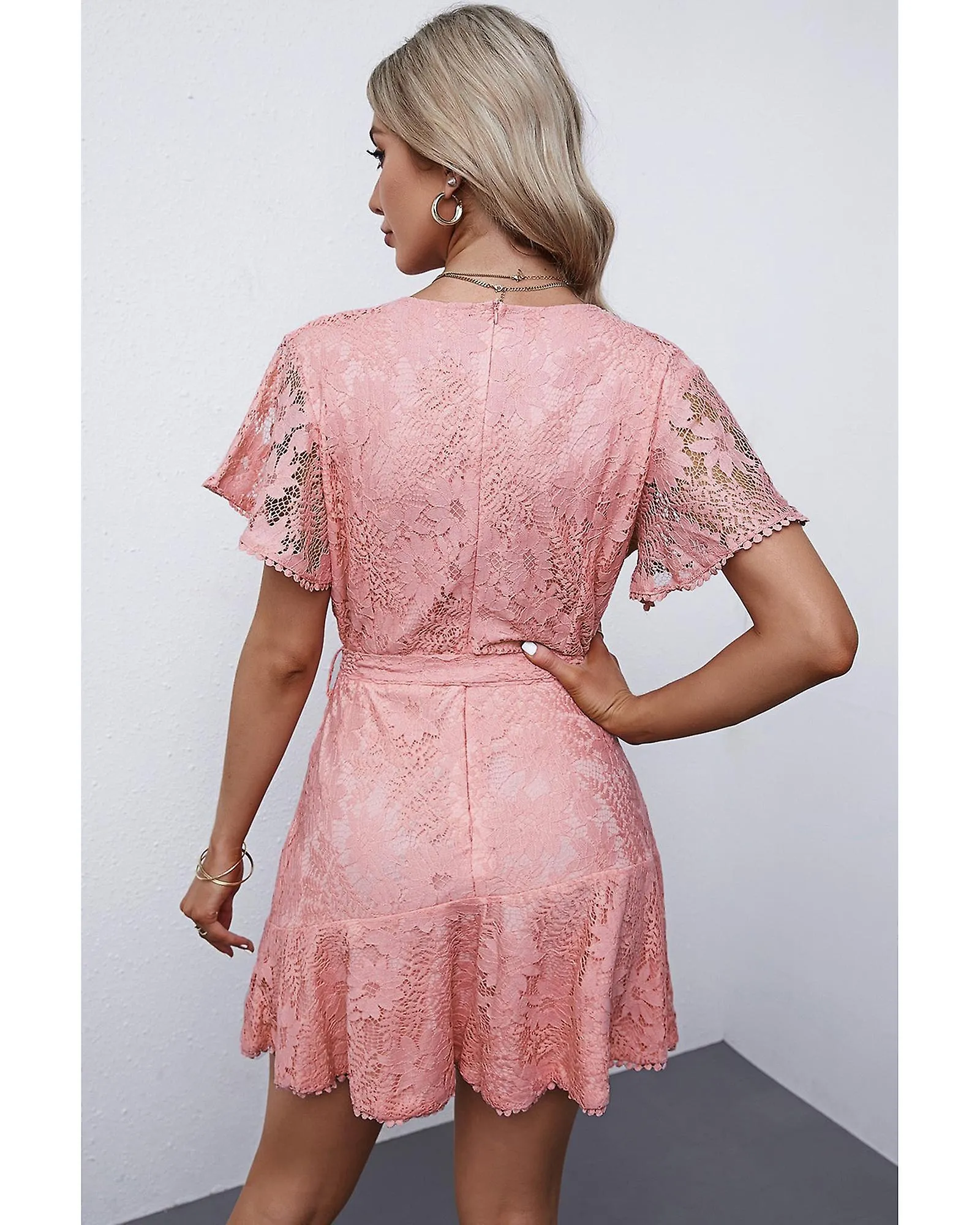 Azura Exchange  Pink Flutter Sleeve Wrap V Neck Floral Lace Short Dress