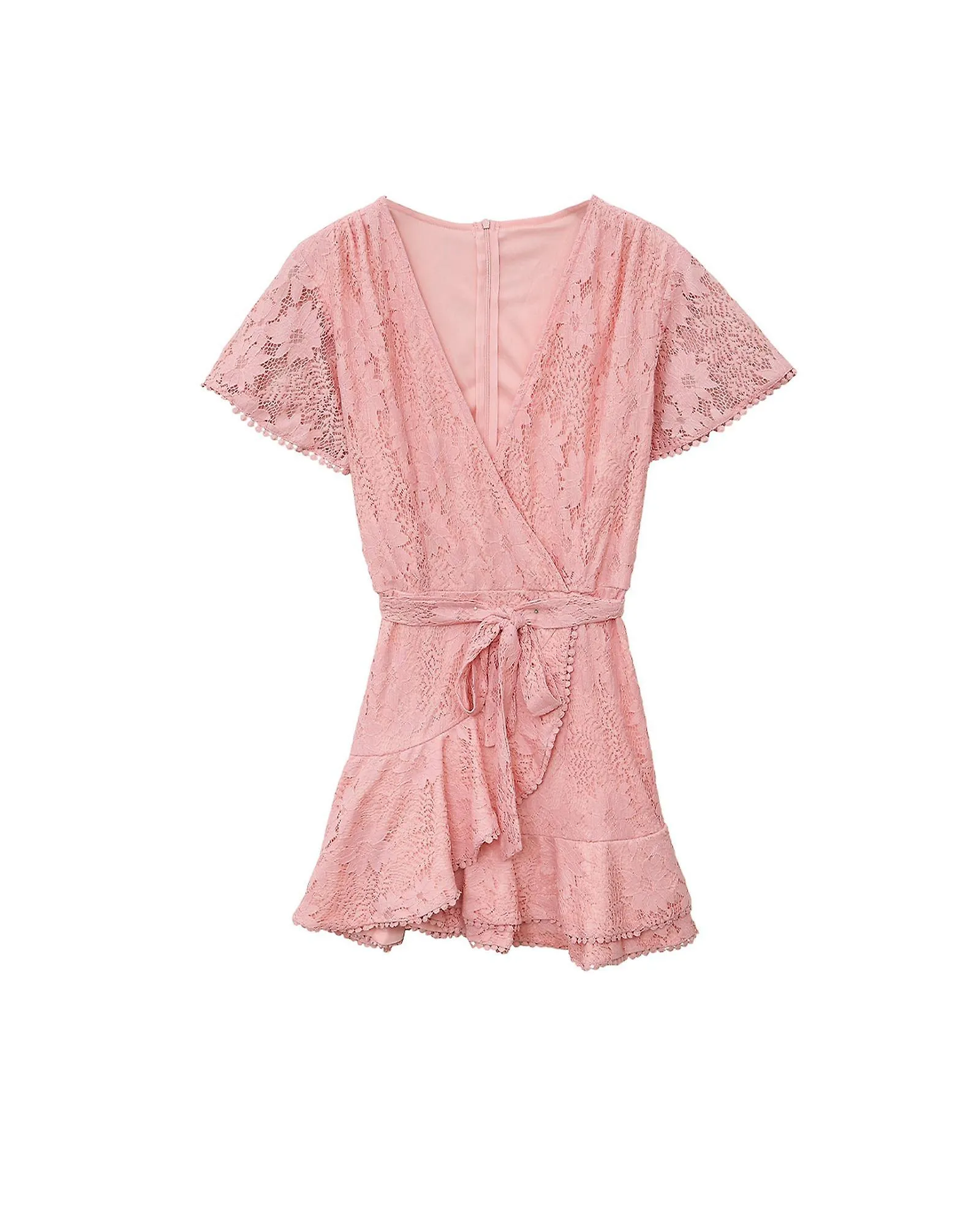Azura Exchange  Pink Flutter Sleeve Wrap V Neck Floral Lace Short Dress