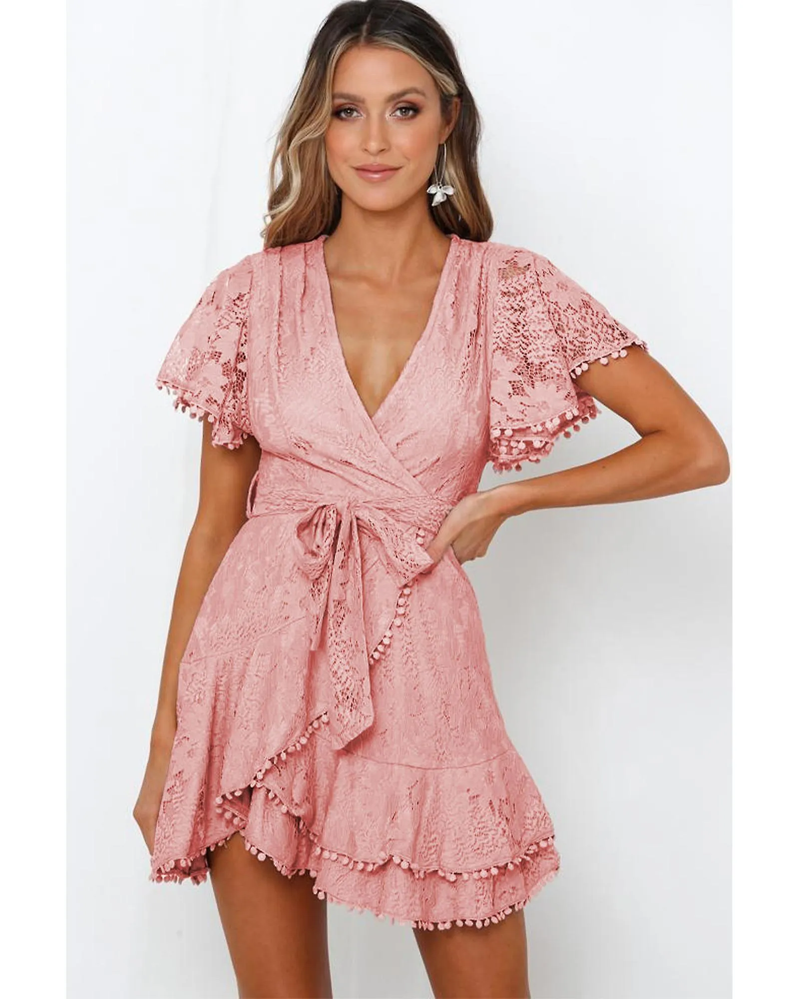 Azura Exchange  Pink Flutter Sleeve Wrap V Neck Floral Lace Short Dress