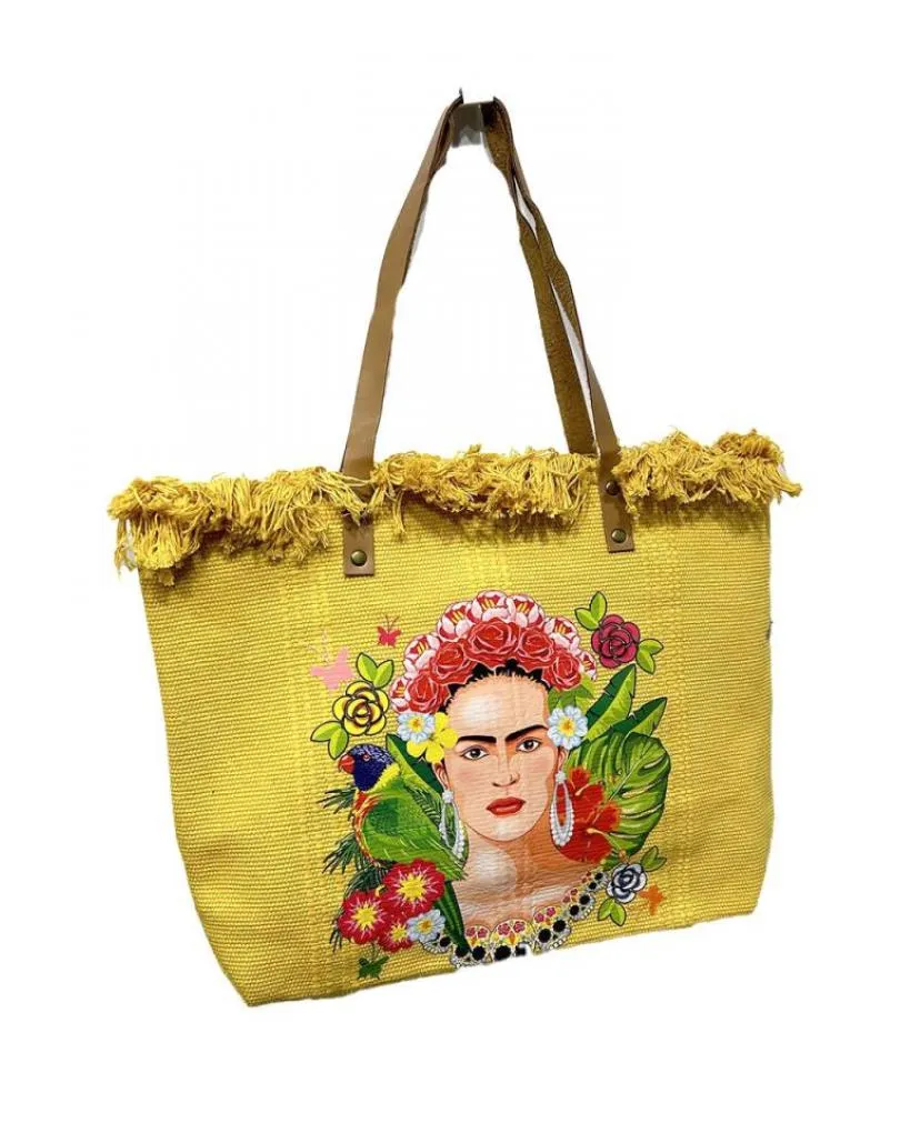 BOLSOS AMARILLOS GRANDES DE GRAN CAPACIDAD DETALLE FRIDA TROPICAL
