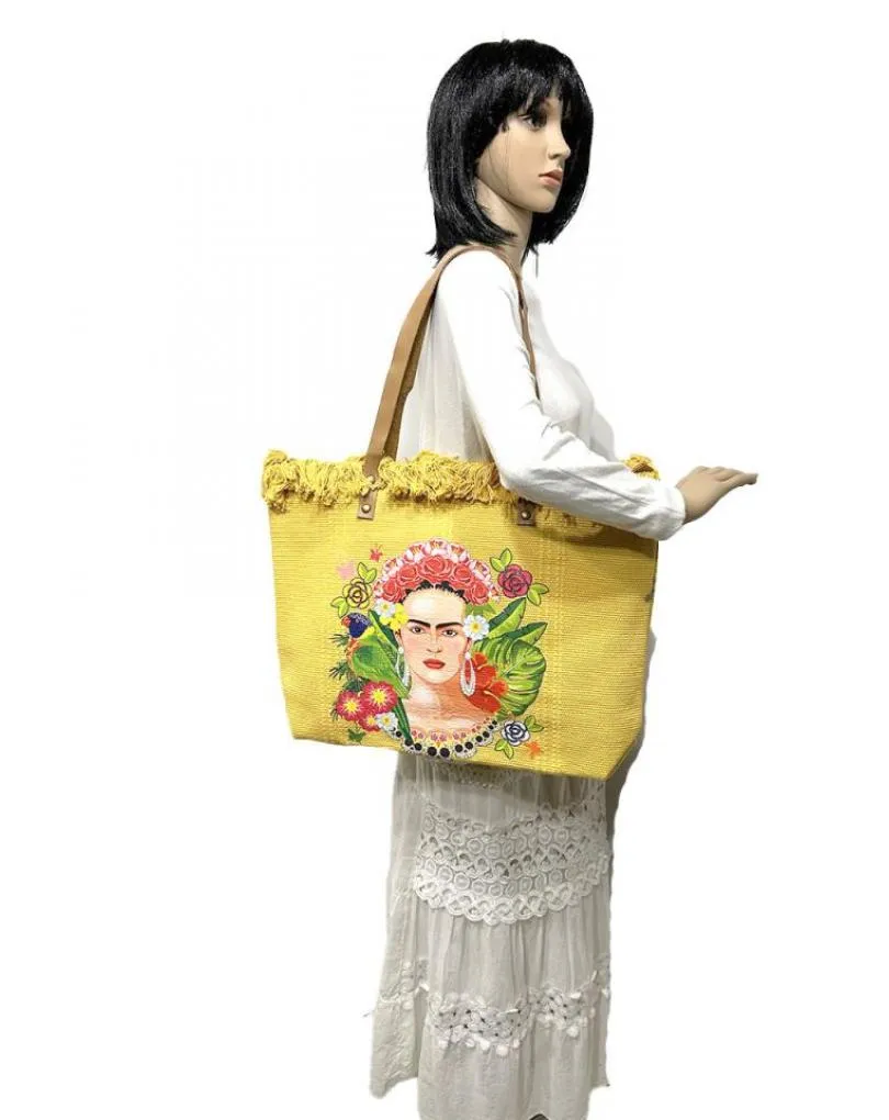 BOLSOS AMARILLOS GRANDES DE GRAN CAPACIDAD DETALLE FRIDA TROPICAL
