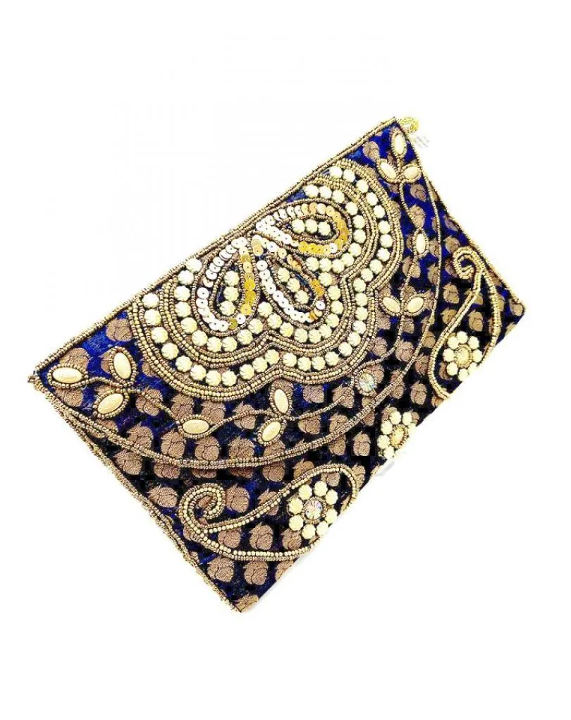 BOLSOS DE FIESTA AZULES MARINO CON DORADO CARTERA INDIA