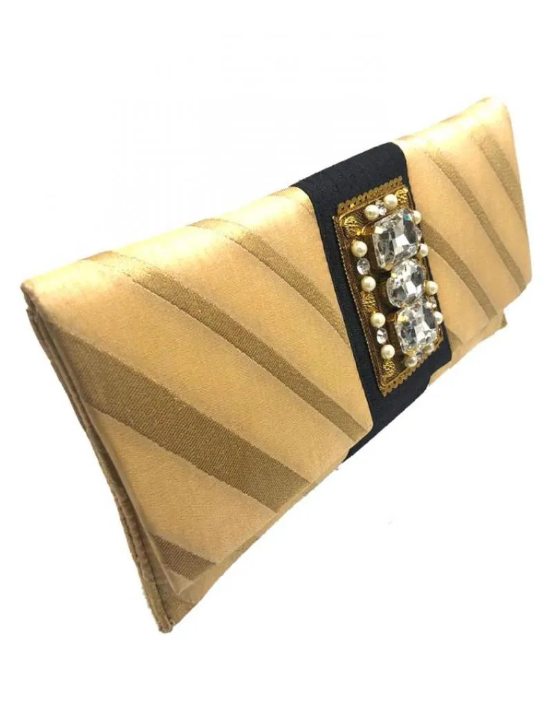 BOLSOS DE FIESTA DORADOS Y NEGROS CON ADORNO JOYA