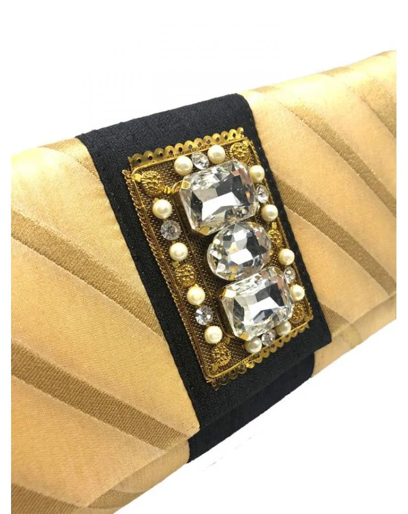 BOLSOS DE FIESTA DORADOS Y NEGROS CON ADORNO JOYA