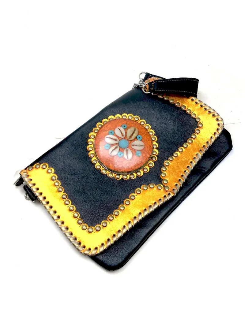 BOLSOS DE PIEL MARRON DECORADO CON DETALLES EN NARANJA