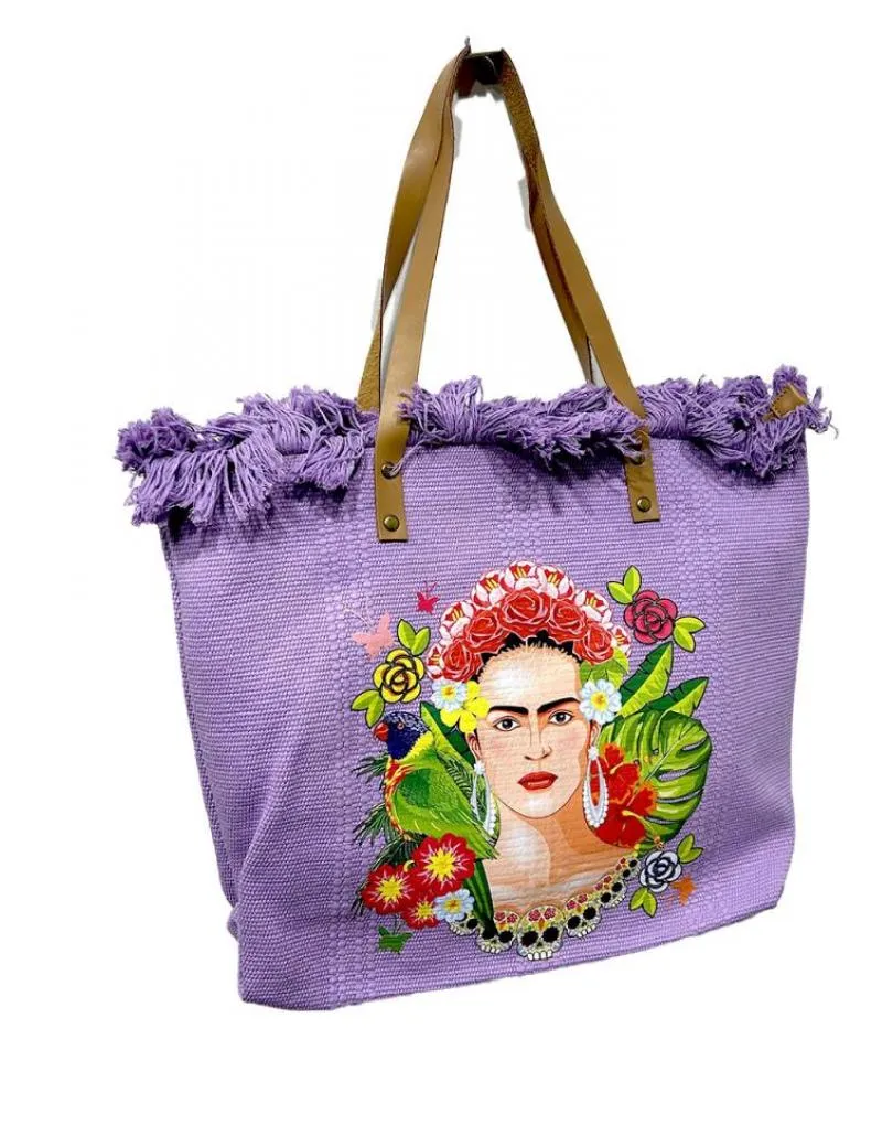 BOLSOS MORADOS GRANDES CON FRIDA TROPICAL CON GRAN CAPACIDAD