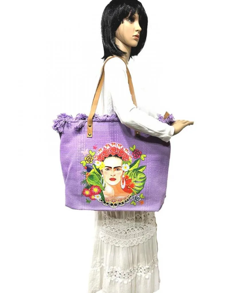 BOLSOS MORADOS GRANDES CON FRIDA TROPICAL CON GRAN CAPACIDAD