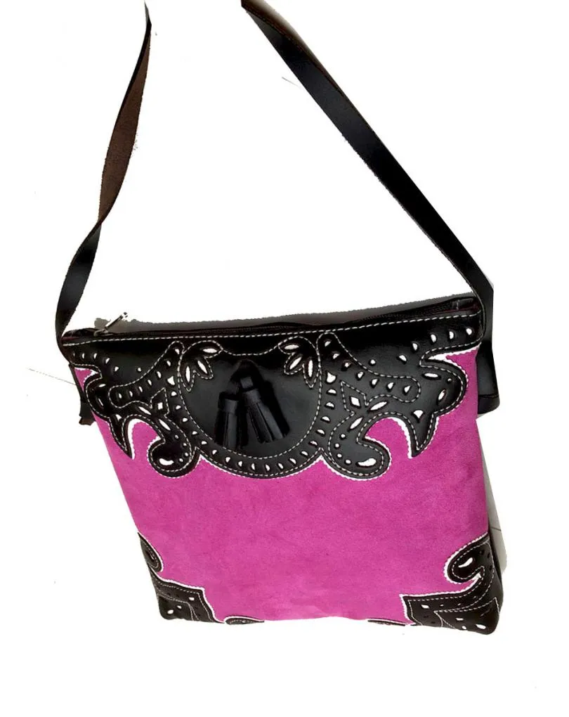 BOLSOS PIEL DE UBRIQUE FUCSIA DISEÑO TAURINO BANDOLERA ROCIERA