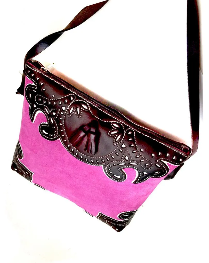 BOLSOS PIEL DE UBRIQUE FUCSIA DISEÑO TAURINO BANDOLERA ROCIERA