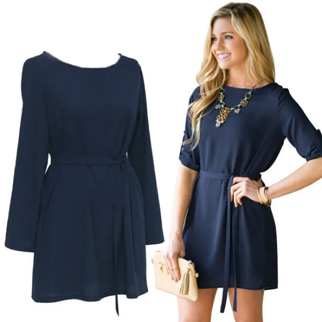 BRIEF ROLLED SLEEVE CASUAL ONECK SOLID BEAM WAIST BOW DRESS