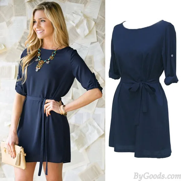 BRIEF ROLLED SLEEVE CASUAL ONECK SOLID BEAM WAIST BOW DRESS