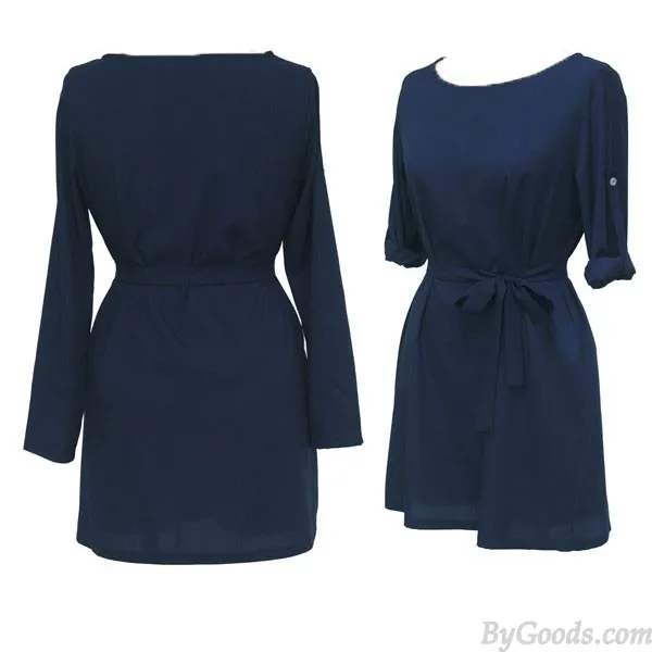 BRIEF ROLLED SLEEVE CASUAL ONECK SOLID BEAM WAIST BOW DRESS