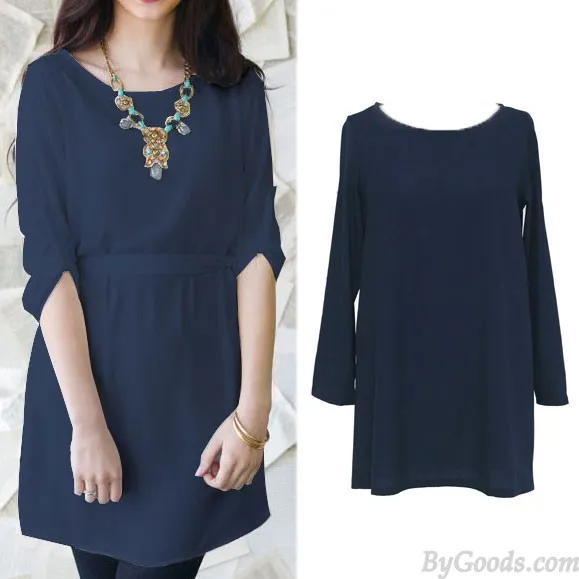BRIEF ROLLED SLEEVE CASUAL ONECK SOLID BEAM WAIST BOW DRESS