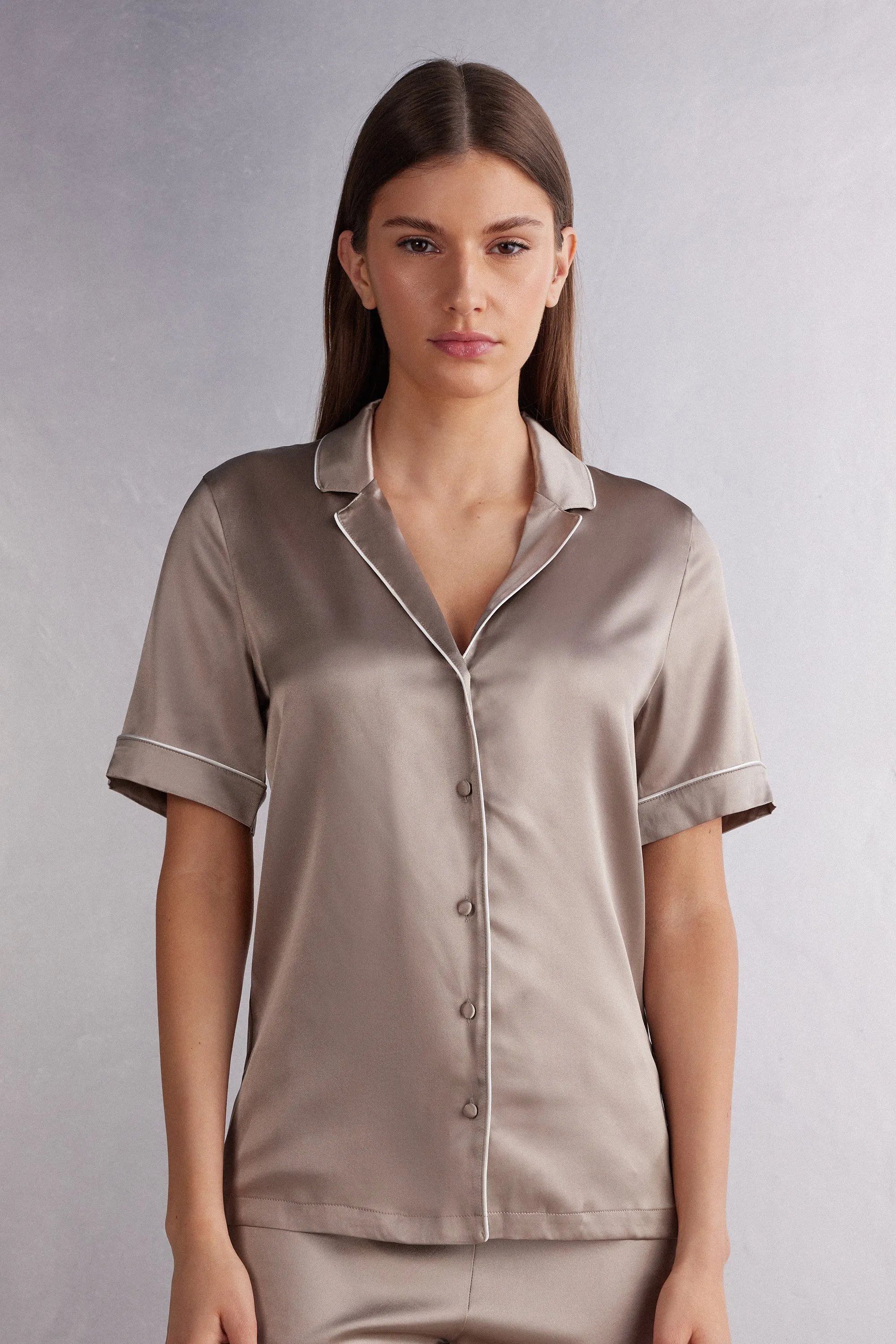 Camisa de Manga Corta de Seda de Corte Masculino