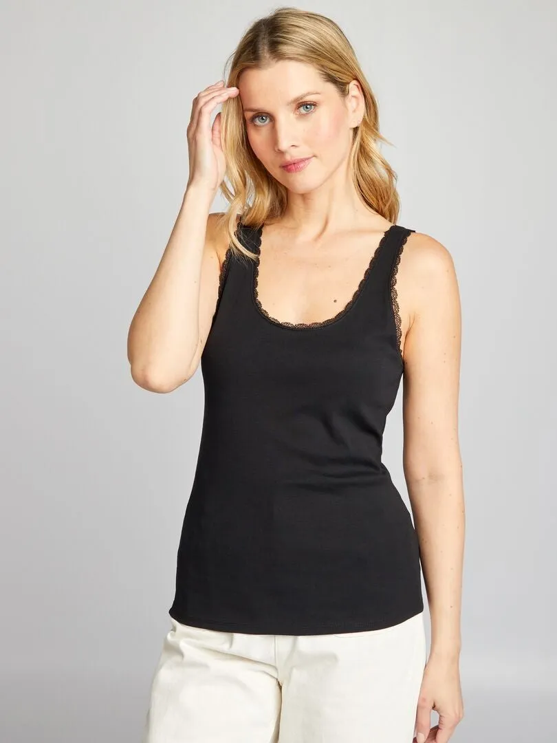 CAMISETA SIN MANGAS CON DETALLES BORDADOS  NEGRO