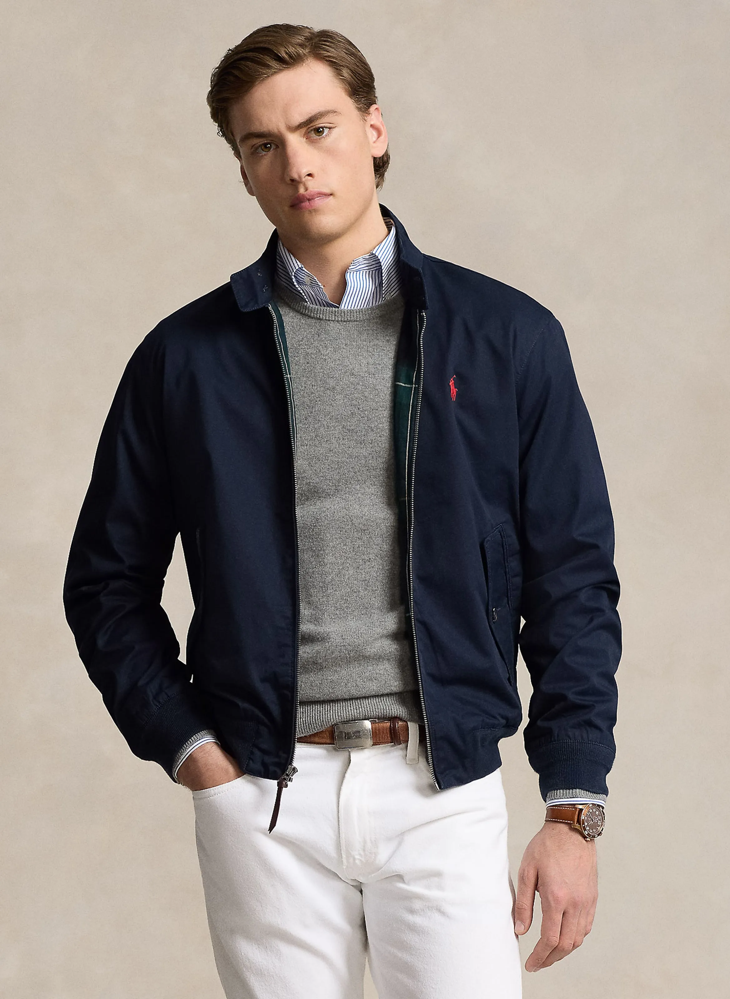 Chaqueta recta de algodón con cuello alto en azul