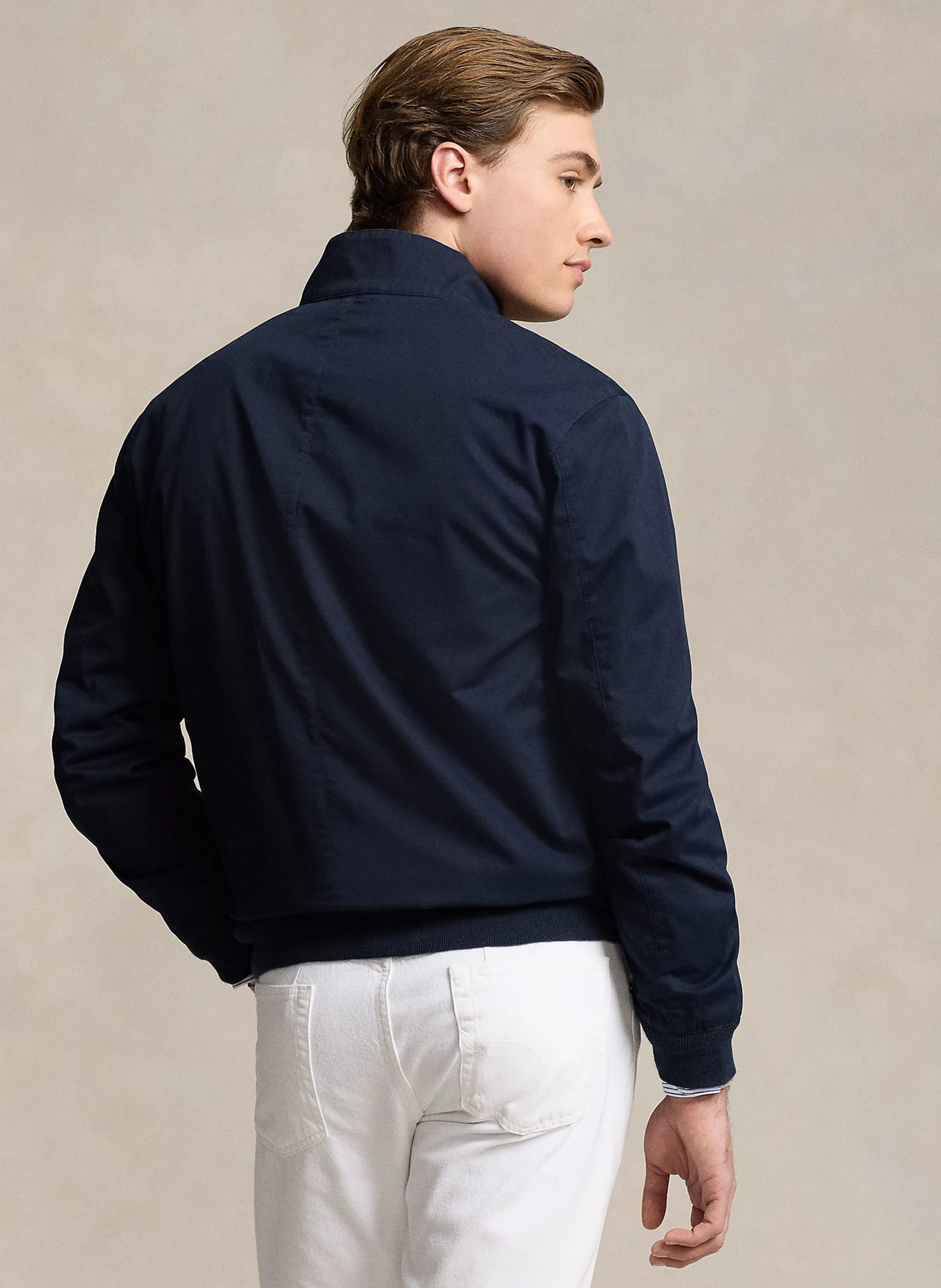 Chaqueta recta de algodón con cuello alto en azul