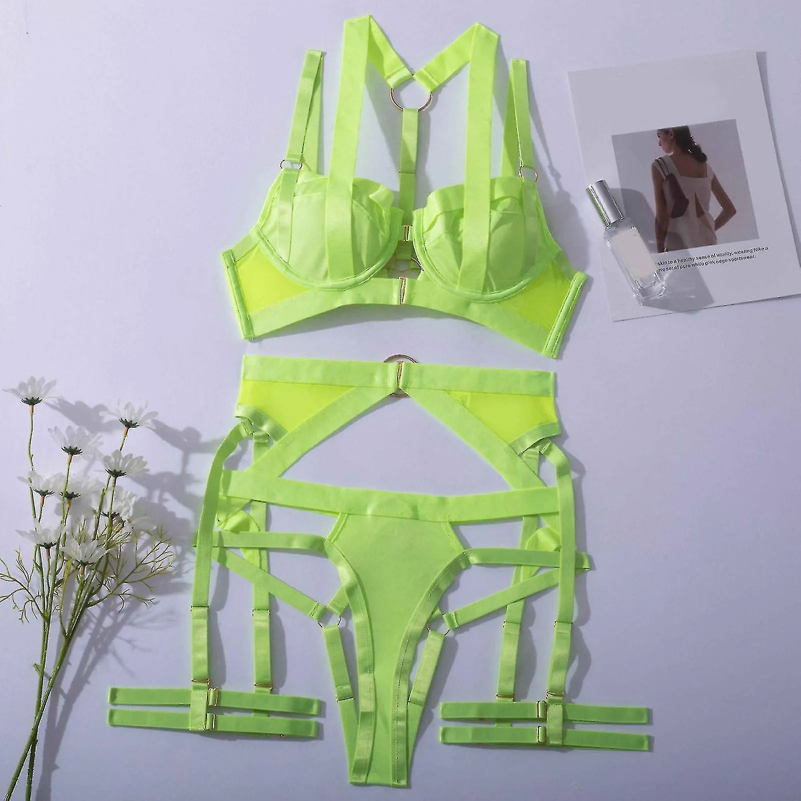 Correa para mujeres en lencería Set Underwire Bra Liga Cinturón Leg Loops Strappy Splicing Nightwear