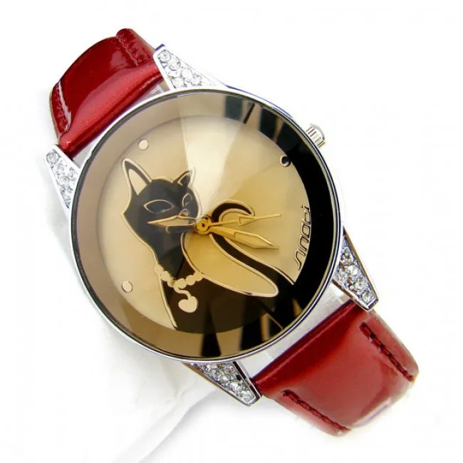 ELEGANT CAT RHINESTONE WATCHWINE RED