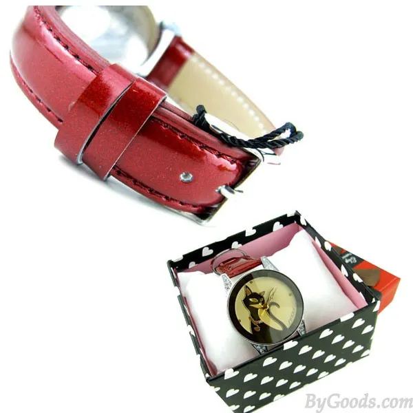 ELEGANT CAT RHINESTONE WATCHWINE RED