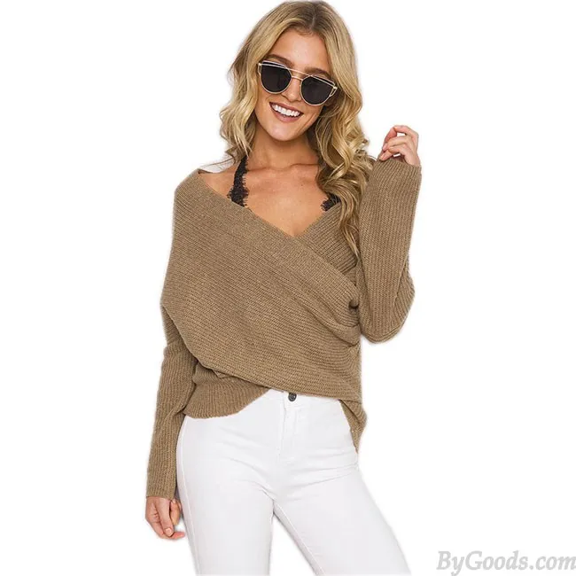 Fashion Apparel Women's V Neck Off Shoulder Knitted Wrap Sweater Pullover