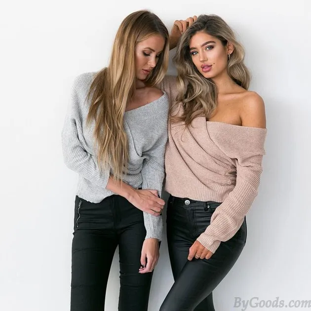 Fashion Apparel Women's V Neck Off Shoulder Knitted Wrap Sweater Pullover