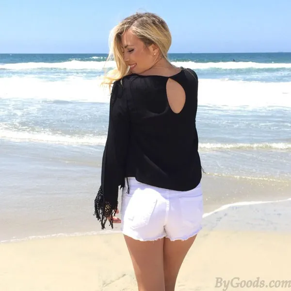 FASHION SOLID CASUAL ONECK CHIFFON HOLLOW TASSEL HEM LONG SLEEVE TOP
