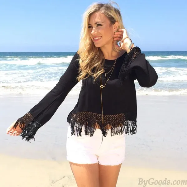 FASHION SOLID CASUAL ONECK CHIFFON HOLLOW TASSEL HEM LONG SLEEVE TOP