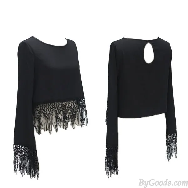 FASHION SOLID CASUAL ONECK CHIFFON HOLLOW TASSEL HEM LONG SLEEVE TOP