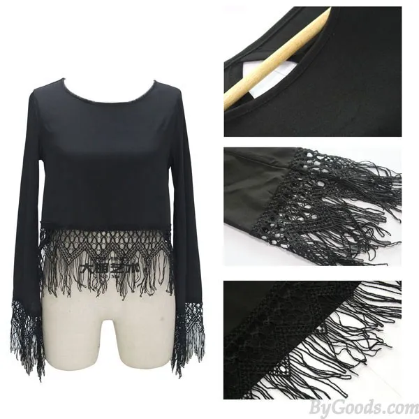 FASHION SOLID CASUAL ONECK CHIFFON HOLLOW TASSEL HEM LONG SLEEVE TOP