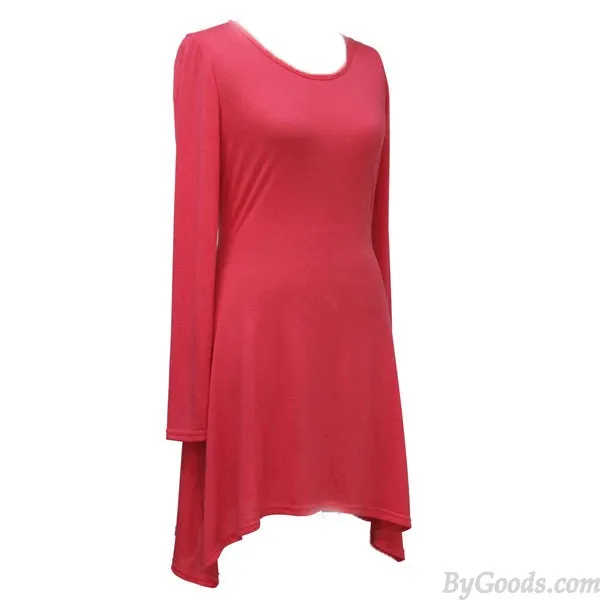 LEISURE SOLID ASYMMETRICAL HEM LONG SLEEVE ONECK SLIM MINIMALIST DRESS