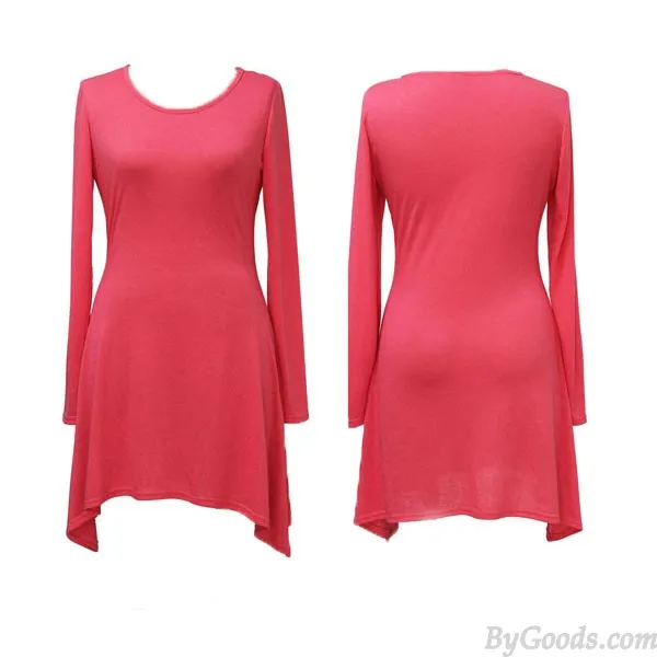 LEISURE SOLID ASYMMETRICAL HEM LONG SLEEVE ONECK SLIM MINIMALIST DRESS