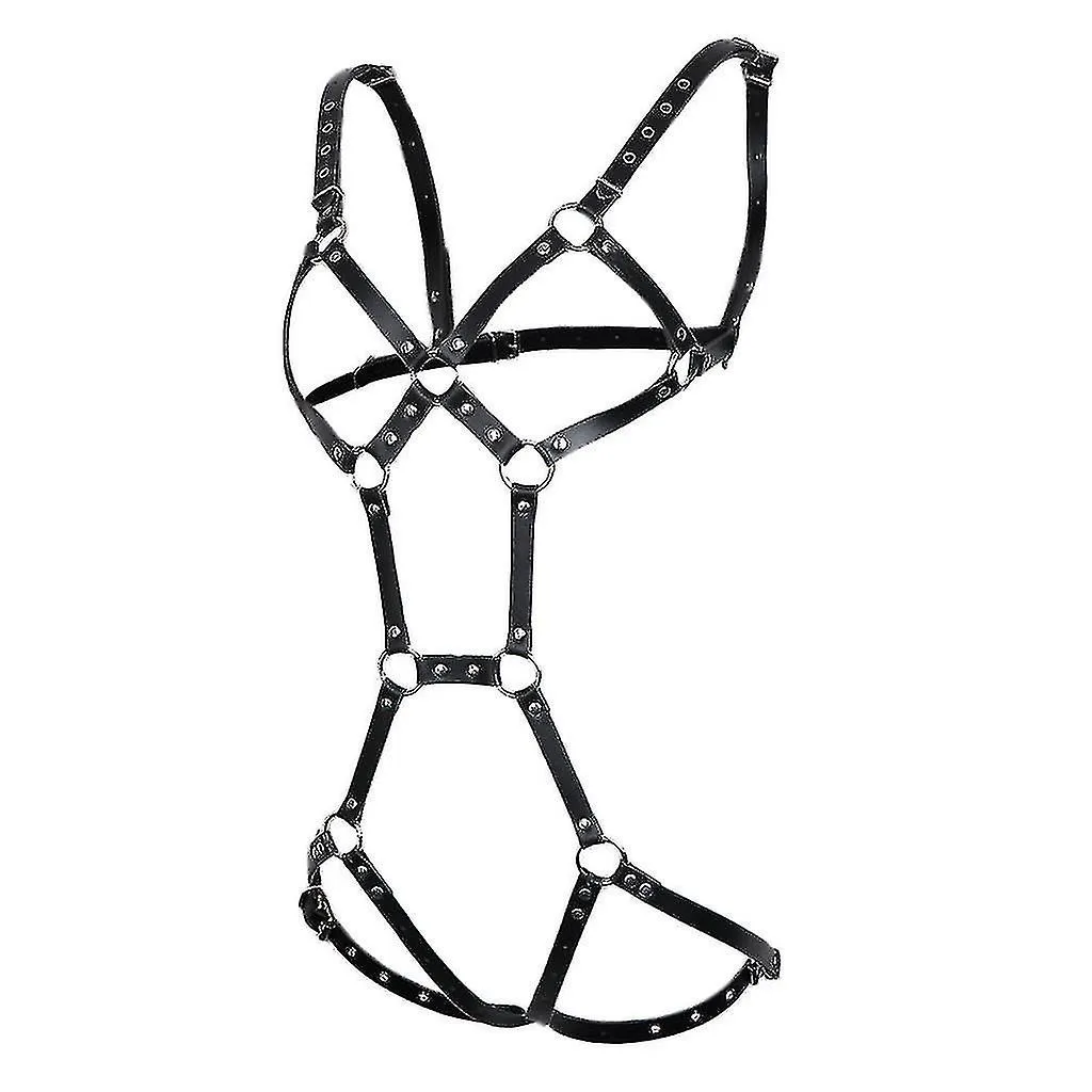 Lencería de correa hueca ajustable de cuero para mujer con arnés gótico de cuerpo completo.