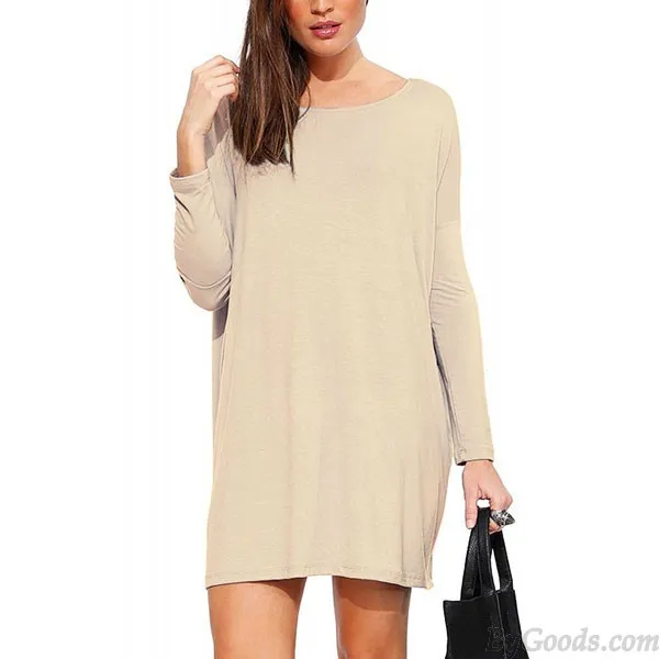 MINIMALIST STEMPIPE CASUAL ONECK SEXY LONG SLEEVE SOLID LOOSE DRESS