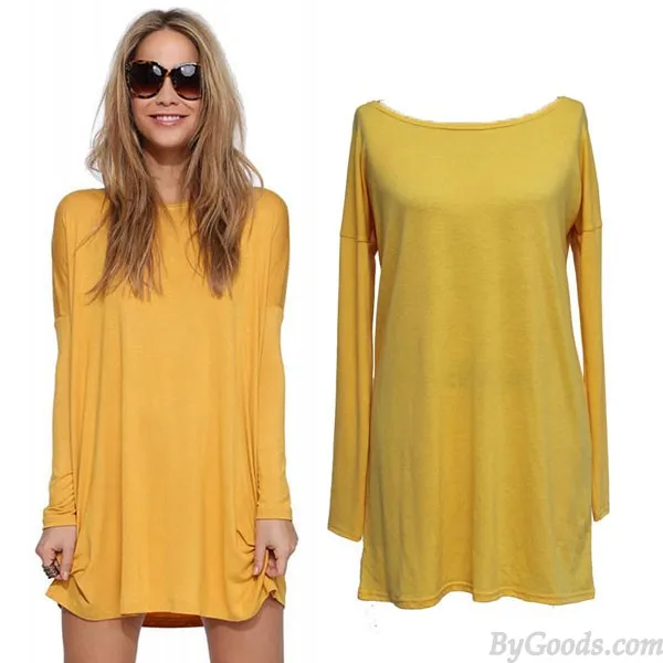 MINIMALIST STEMPIPE CASUAL ONECK SEXY LONG SLEEVE SOLID LOOSE DRESS