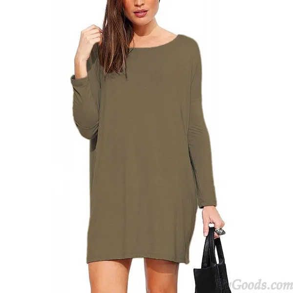 MINIMALIST STEMPIPE CASUAL ONECK SEXY LONG SLEEVE SOLID LOOSE DRESS