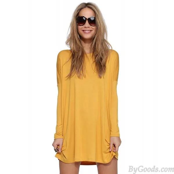 MINIMALIST STEMPIPE CASUAL ONECK SEXY LONG SLEEVE SOLID LOOSE DRESS