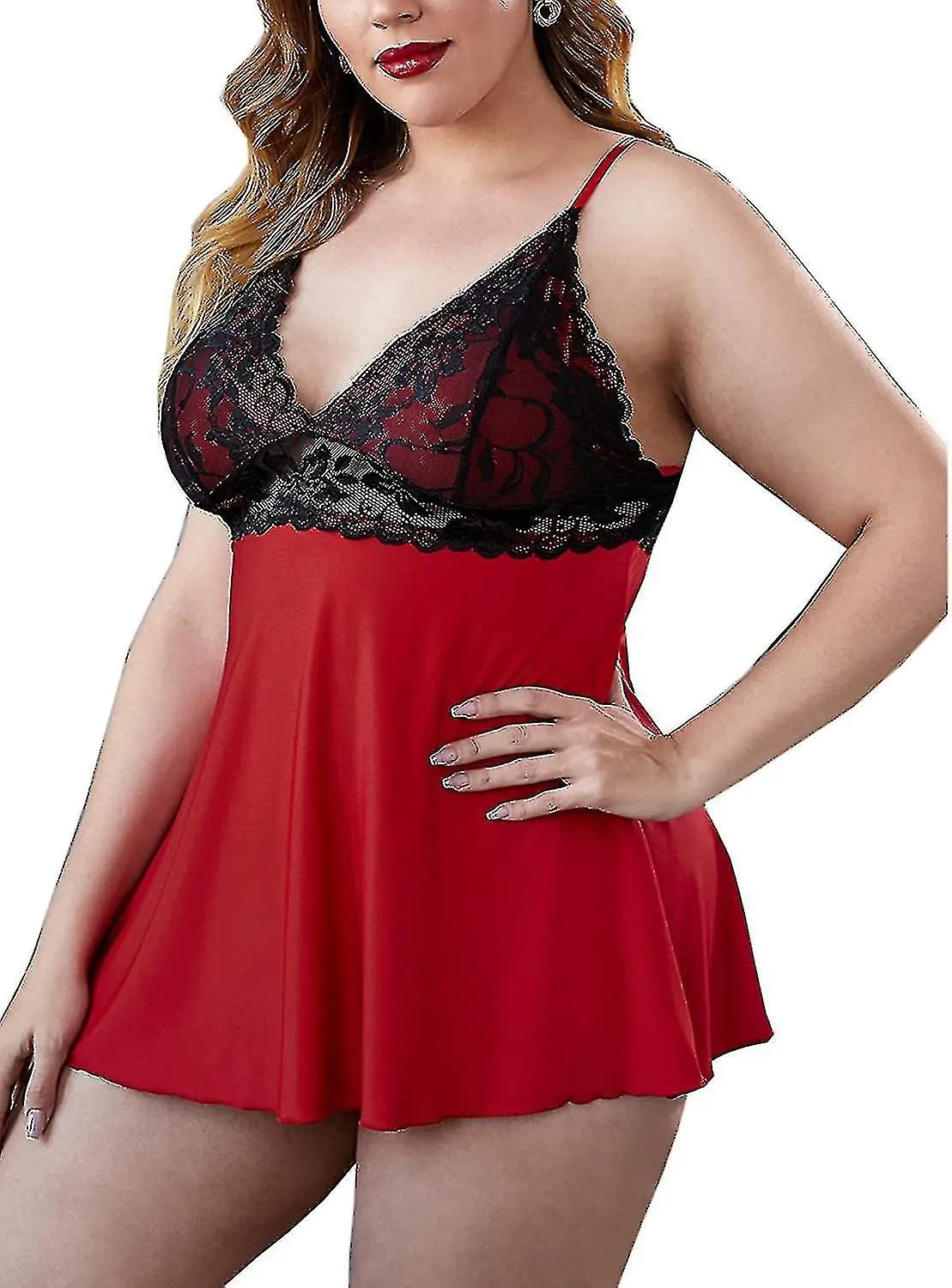 MUJER PLUS SIZE LENCERíA SEXY NEGRO BABYDOLL V CUELLO ENCAJE CHEMISE S3XL