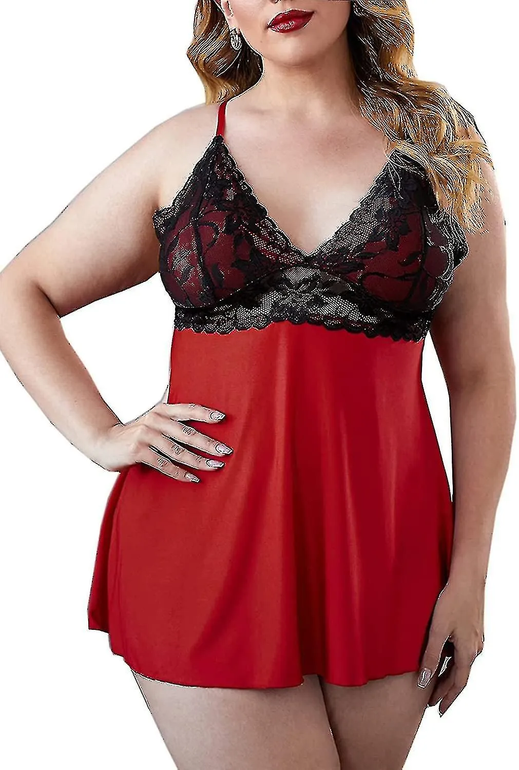 MUJER PLUS SIZE LENCERíA SEXY NEGRO BABYDOLL V CUELLO ENCAJE CHEMISE S3XL