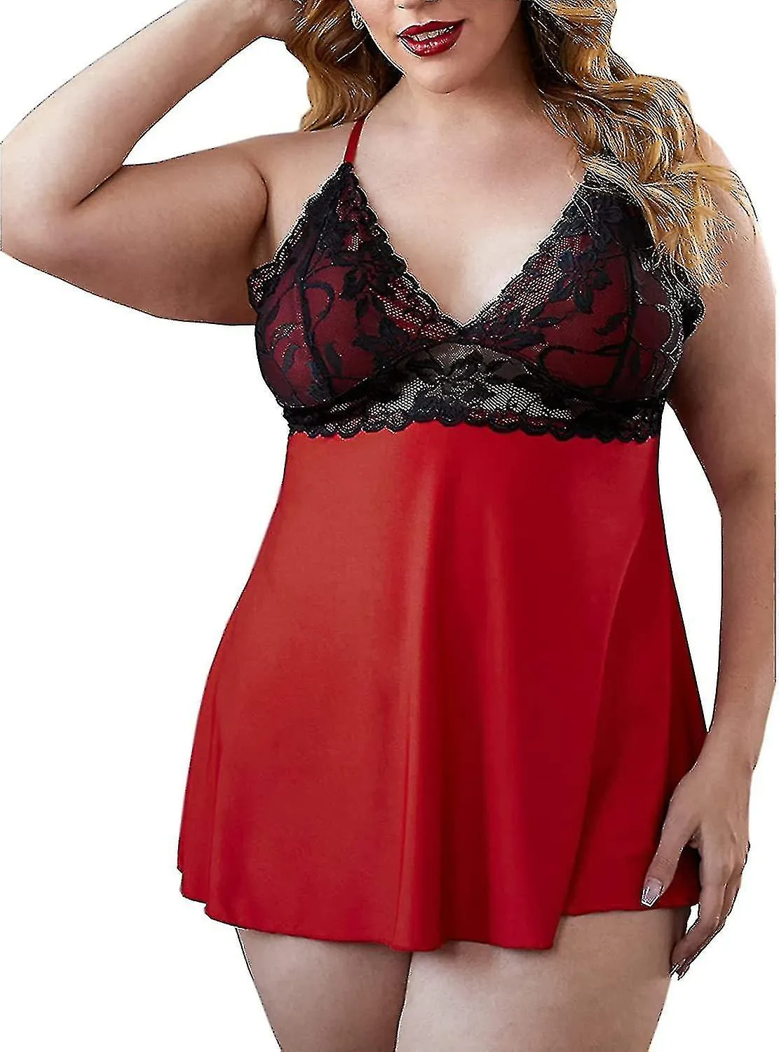 MUJER PLUS SIZE LENCERíA SEXY NEGRO BABYDOLL V CUELLO ENCAJE CHEMISE S3XL