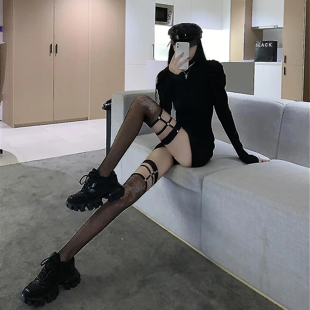 Mujeres Sexy Punk Fishnet Muslo Medias Altas Hollow Out Garter Calcetines Lencería