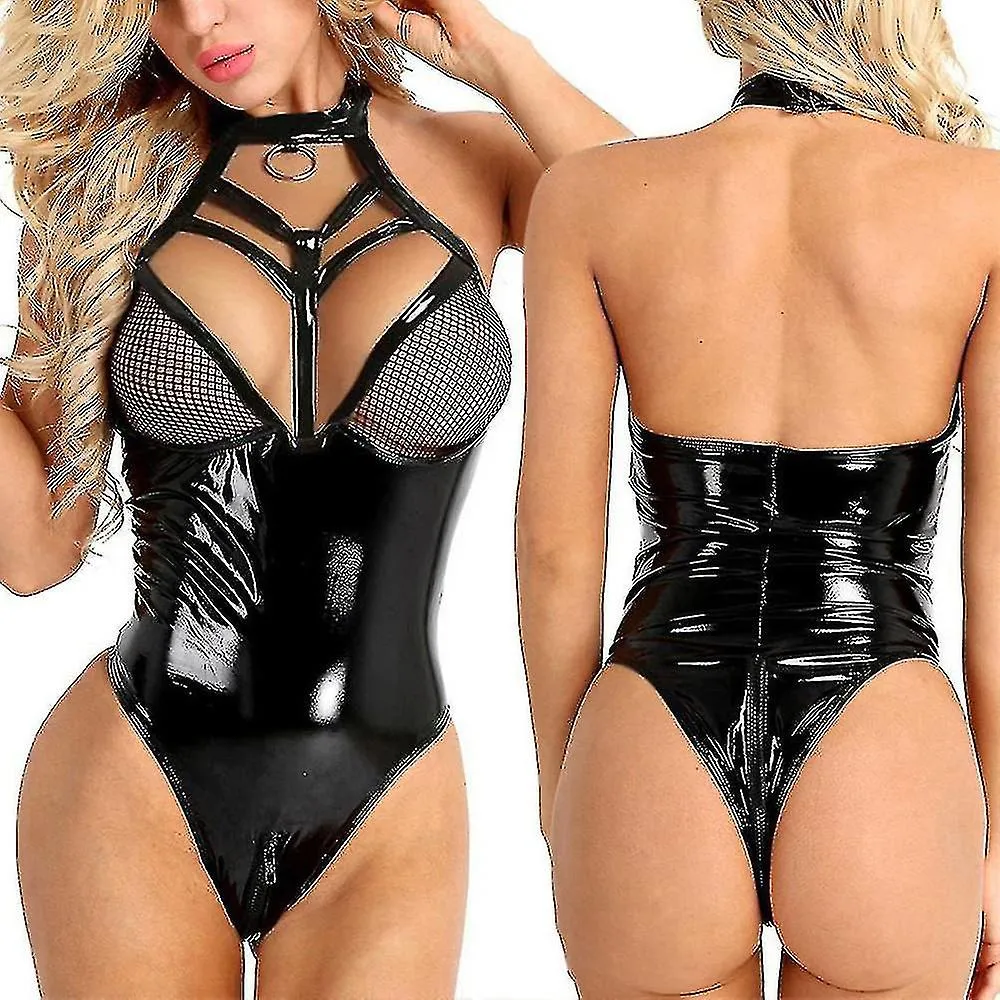 Mujeres Sexy Ropa de noche Bodysuit Faux Leather Wet Look Lencería Ropa interior