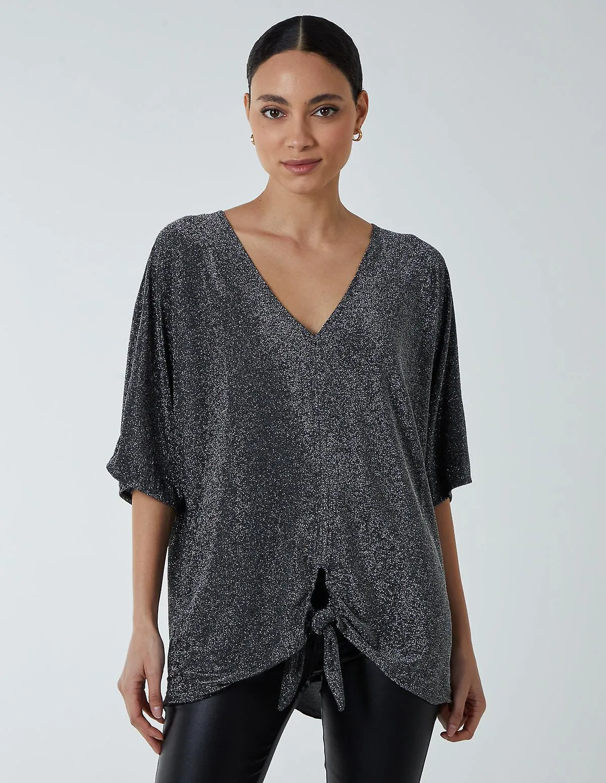 Oversized v neck knot front top