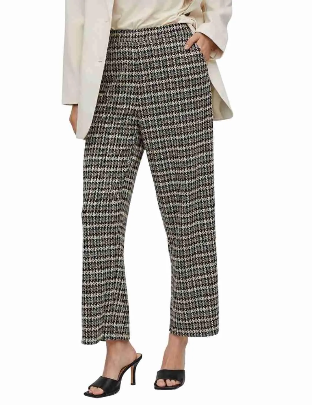Pantalón Vila Raja cuadros marrón estampado para mujer