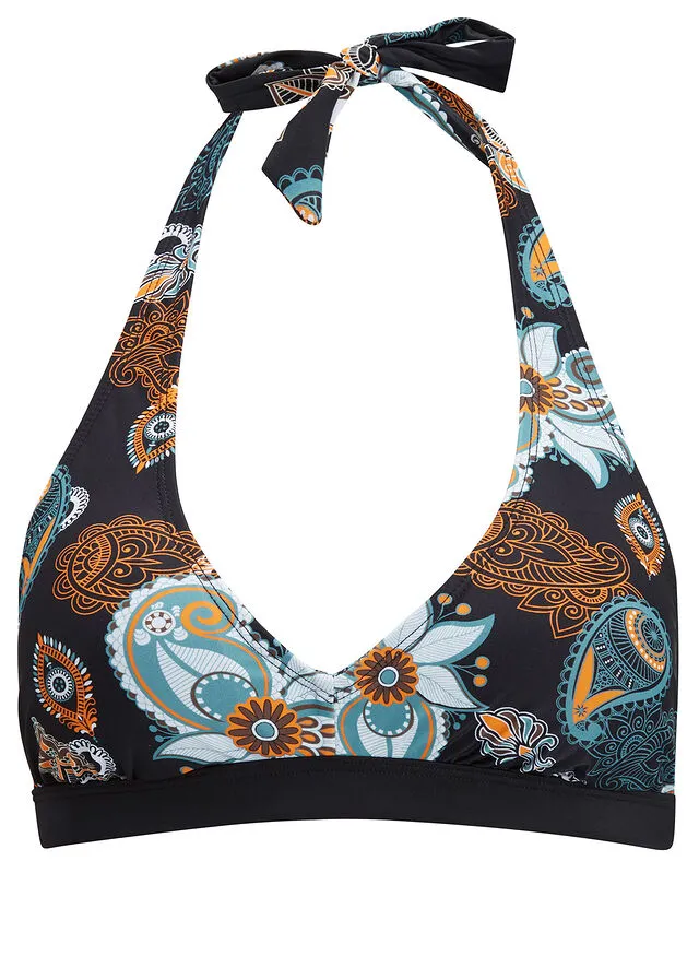PARTE SUPERIOR DE BIKINI AL CUELLO DE POLIAMIDA RECICLADA NEGRONARANJA ESTAMPADO