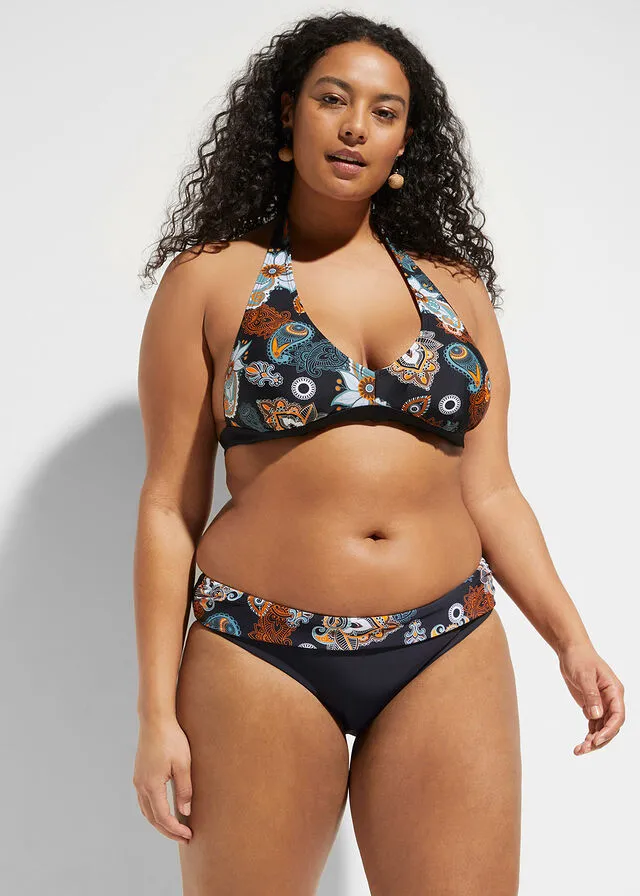 PARTE SUPERIOR DE BIKINI AL CUELLO DE POLIAMIDA RECICLADA NEGRONARANJA ESTAMPADO