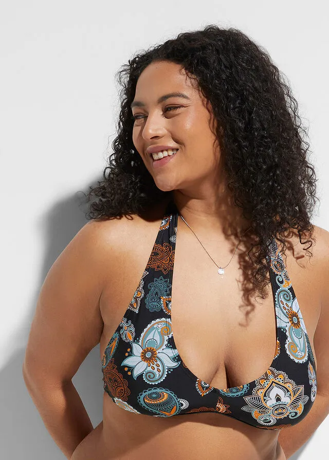 PARTE SUPERIOR DE BIKINI AL CUELLO DE POLIAMIDA RECICLADA NEGRONARANJA ESTAMPADO
